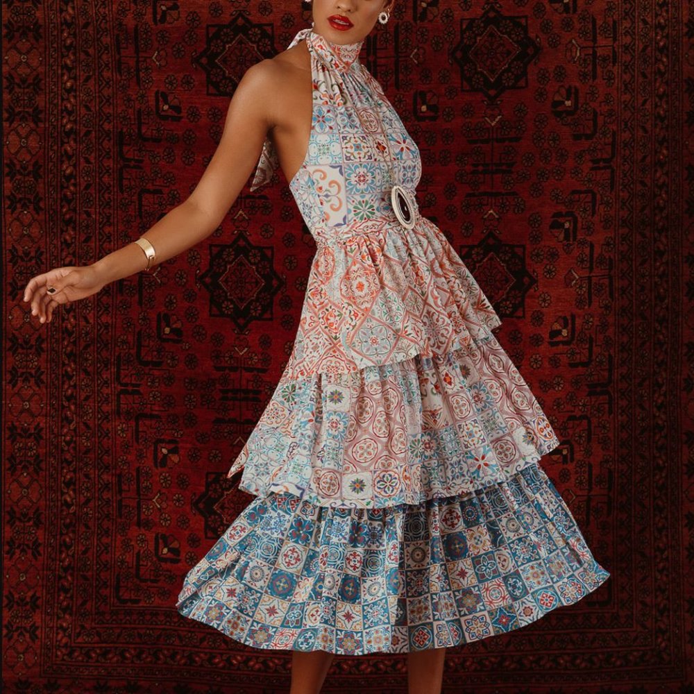 Blackmilk Multi-Color Tiered Halter Midi Dress